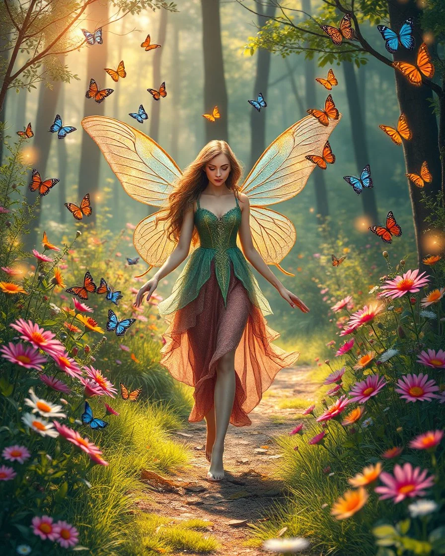 Beautiful Lady Fairy walk in forest with flowers and many colourful butterflies and fireflys