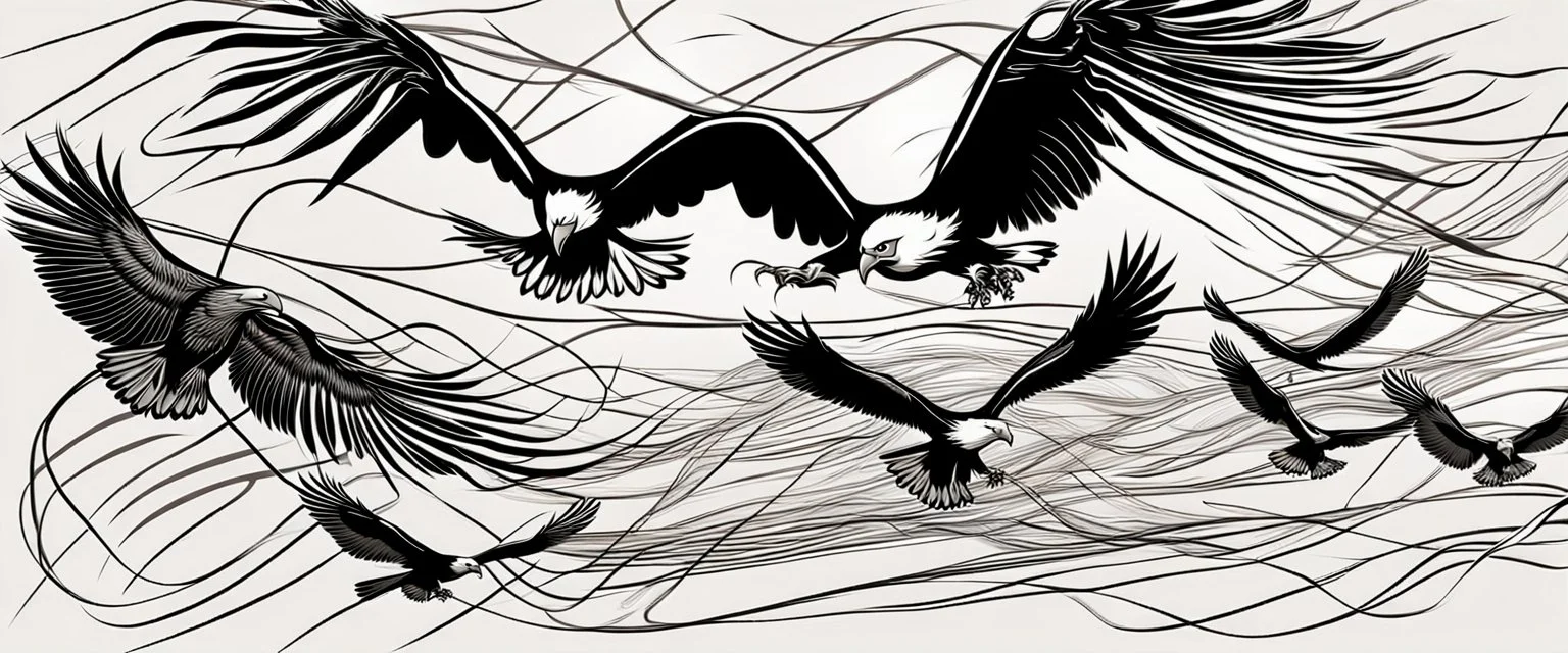 energetic lines blowing across the composition, eagle chasing smaller birds only on the right, a few feathers trailed behind, vector black on white