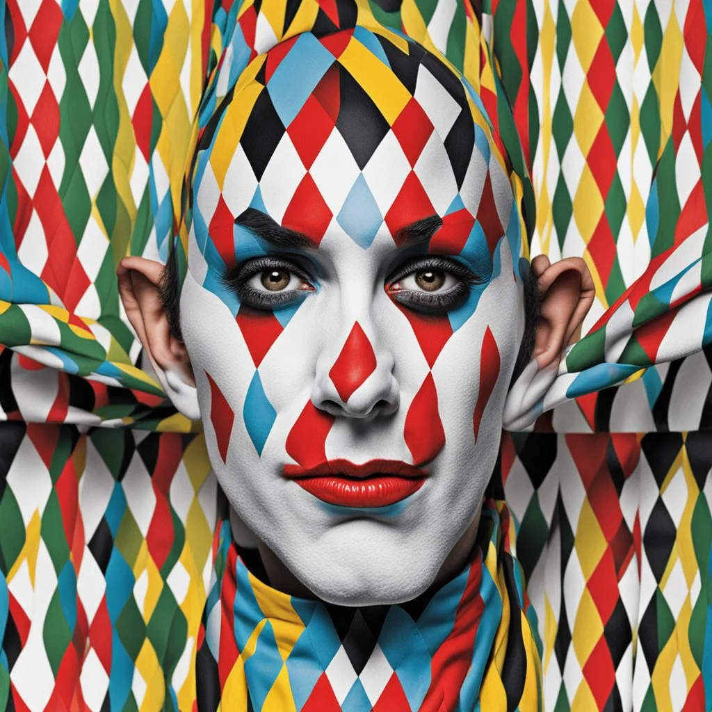 Creepy harlequin jester 2/3 portrait who directly behind has an infinite number of identical copies that stretch on and on infinitely into the horizon, optical illusion, mind-bending surreal image, dark colors, harlequin pattern, dramatic depth of field.