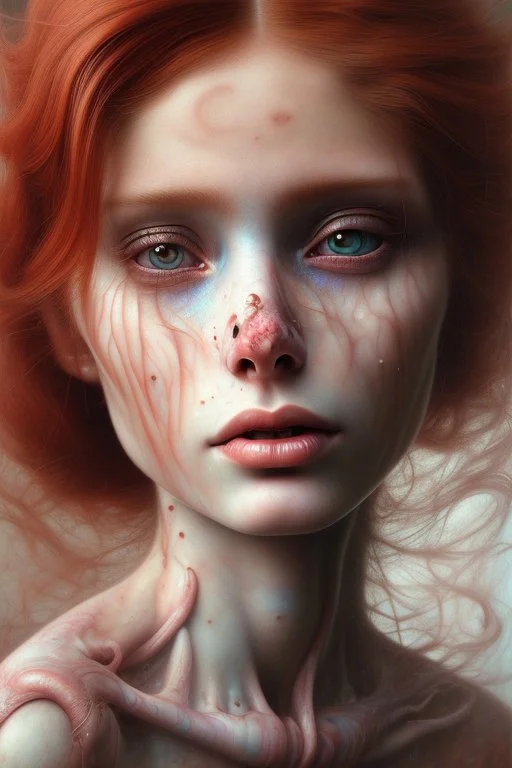 prompt: An image of a red-haired beautiful girl in the style of Mike Worrall, Stefan Gesell, Anton Semenov, Arthur Boyd, Gerald Scarfe, Wlad Safronow, Yves Tanguy and Christine Ellger. Style airbrush art with very soft muted colours and a hazy atmosphere. Bold oil paintings with thick brushstrokes and spots --ar 16:9