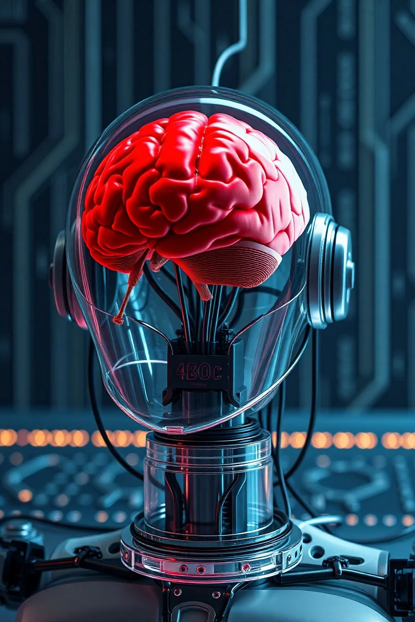 Photo of red brain on robot face inside A glass cylinder connected with wires to main computer