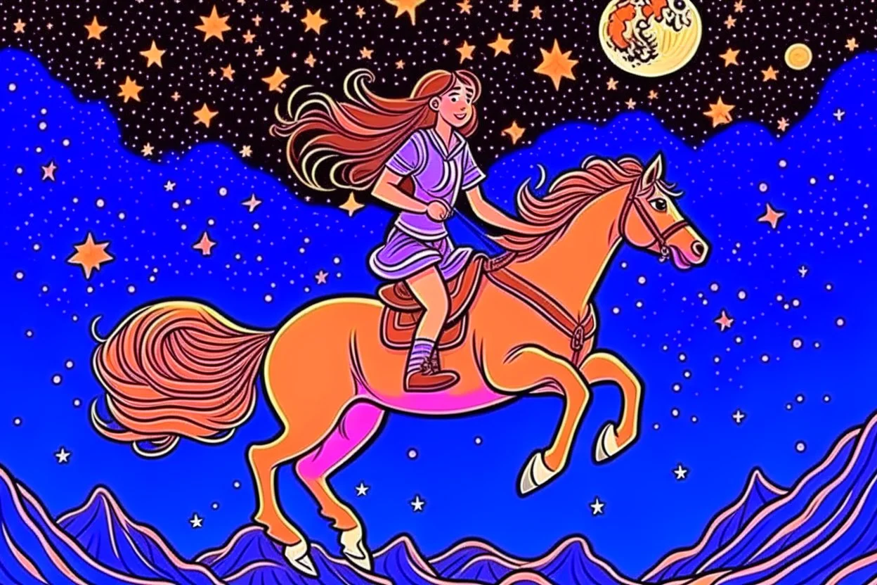 a long, brown-haired girl rides a horse dynamically across the night sky, leaping over a pile of different cookies. Shining moon, in starshine