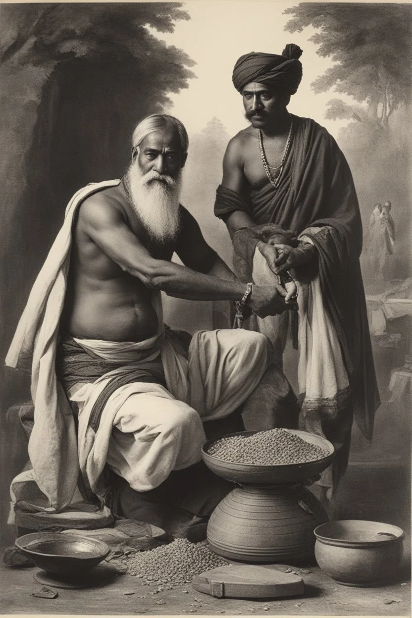 A Indian blacksmith seat on ground and work something with a Indian king standing in front of him and a bag of sandalwood on one side, the king pointing towards the Bag.