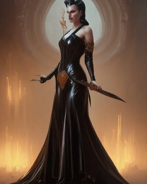 old evil queen in black leather gown, femme fatale, volouptous, busty, cleavage, angry, emperious, 8k resolution concept art portrait by Greg Rutkowski,