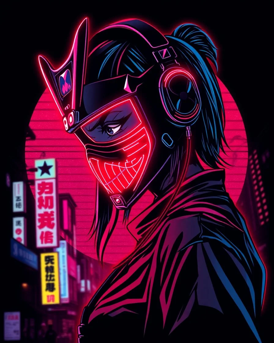 vector t-shirt design ready to print, cyberpunk, illustration profile of neons lights red led female samurai in a mask, wearing over head headphones staring down, side view looking to the right, tokyo Japanese background, pro vector, high detail, vibrant neons, Japanese hologram symbols, barcode design