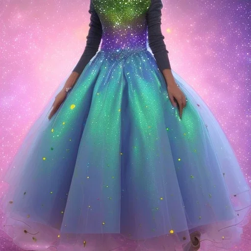 Glittery rainbow ball gown, full view