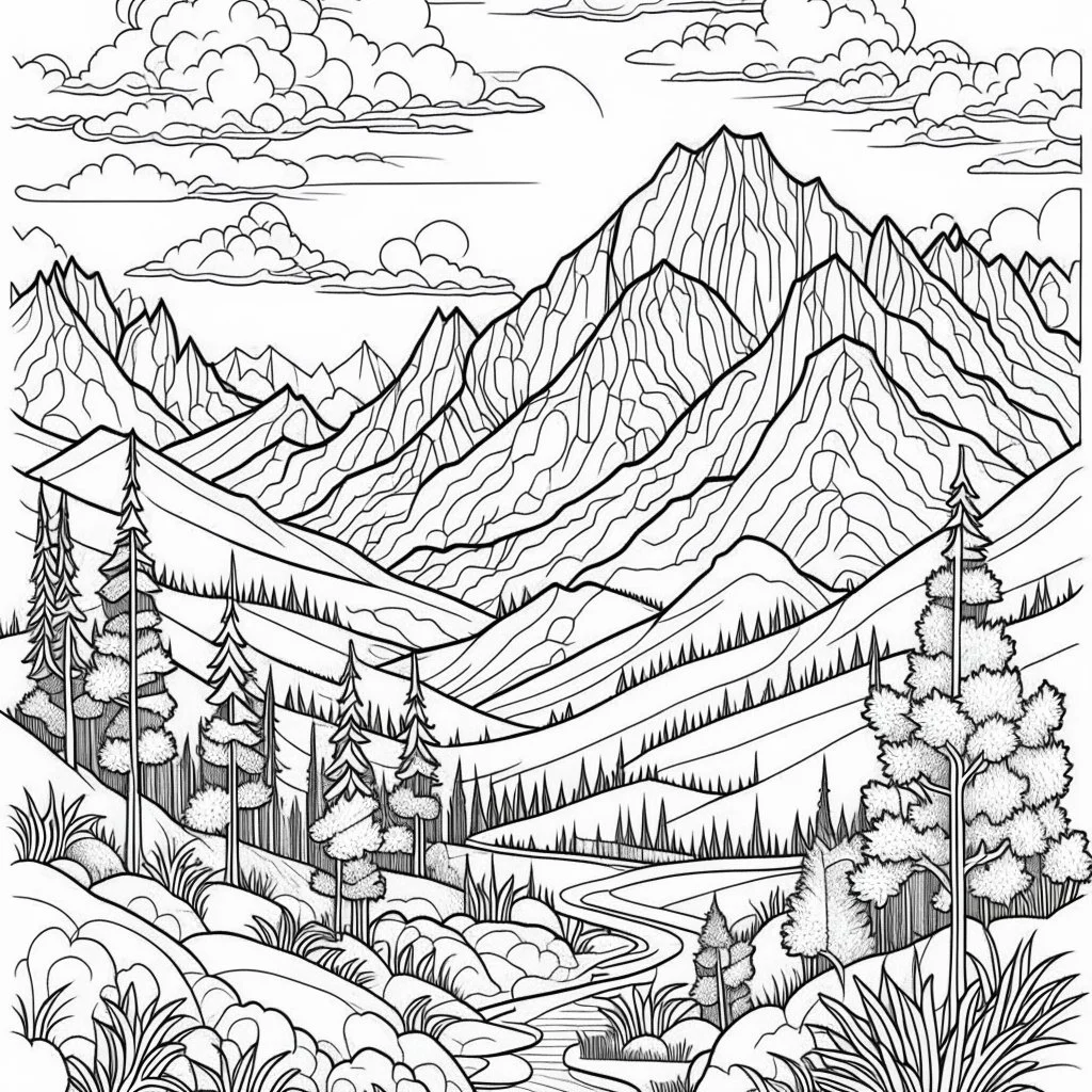 Outline art for coloring page with a cute mountain landscape white background, sketch style, only use outline, clean line art, white background, no shadows, clear outline