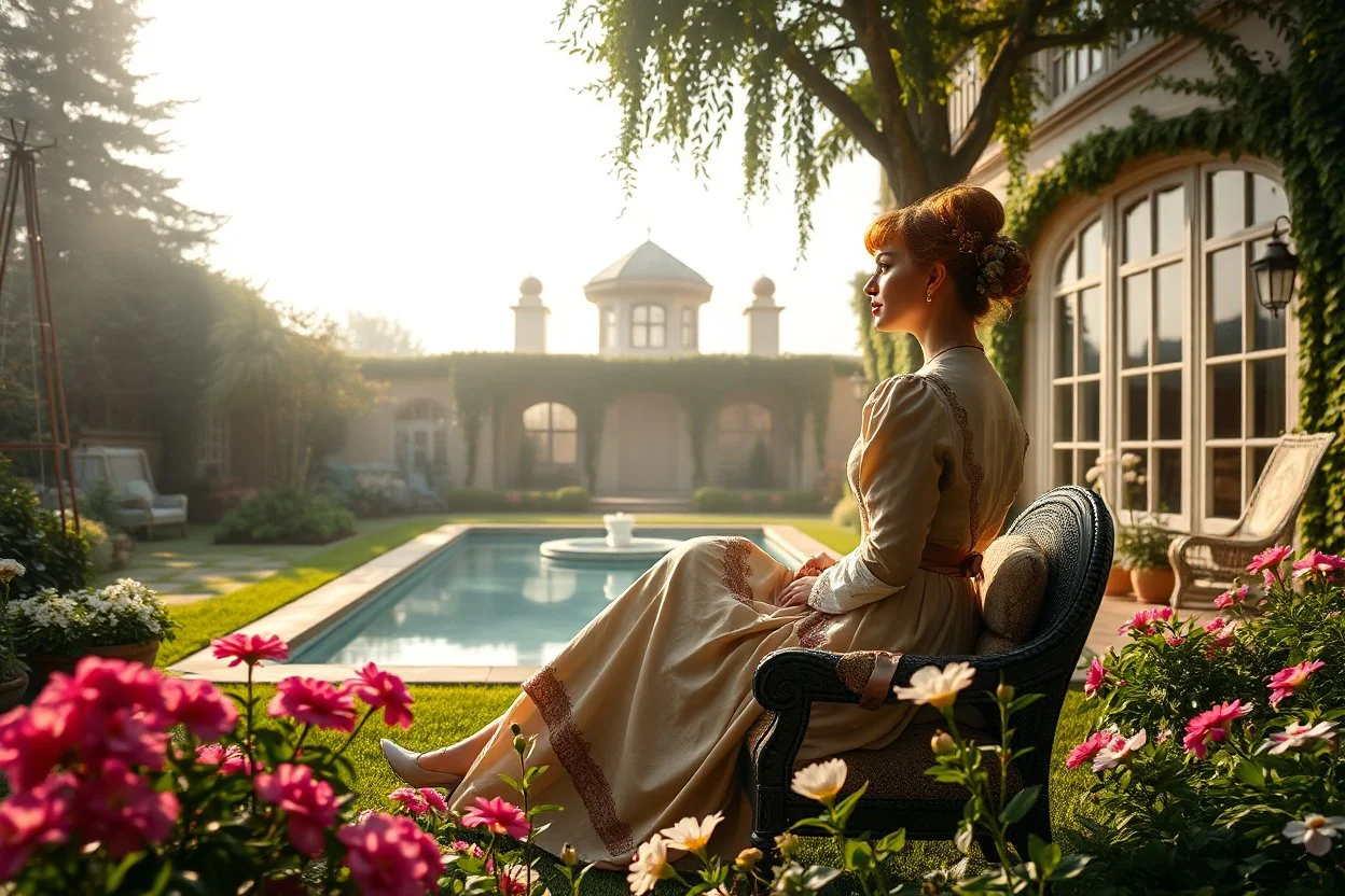 a luxury villa yard with pool in center and pretty plants trees flowers, morning mist, lost paradise atmosphere,a pretty model lady in victorian clothing resting in a comfort far in villa yard in flowers .