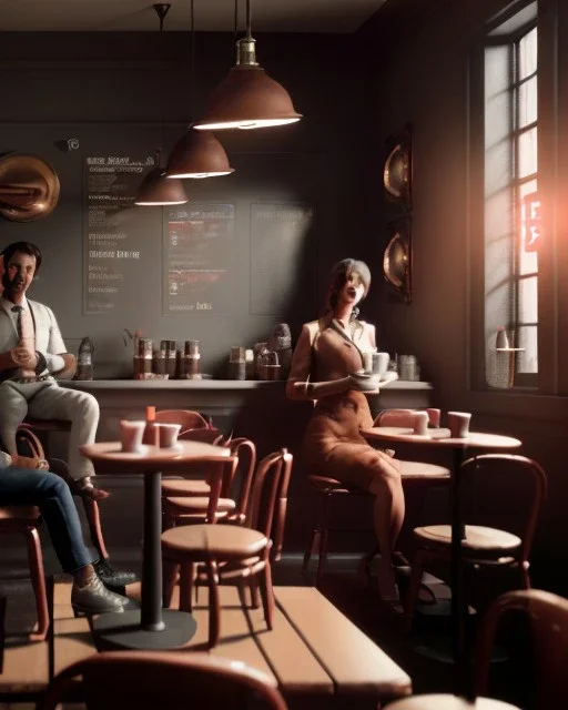 Cafe people, realistic photo, Alfred Hitchcock concept art, smooth, unreal engine 5, god lights, ray tracing, RTX, lumen lighting, ultra detail, volumetric lighting, 3d.