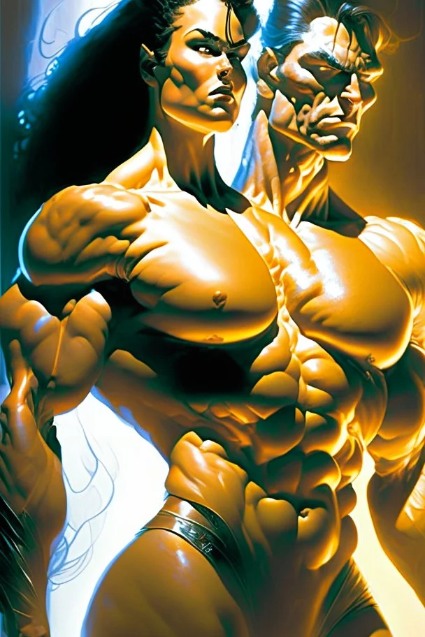 bodybuilder woman and man, Intense, Dramatic Lighting, Futuristic, Muscular, Athletic, Dynamic, sweat glistening, Intricate details, Digital illustration, energetic, High contrast, art by boris vallejo and greg rutkowski