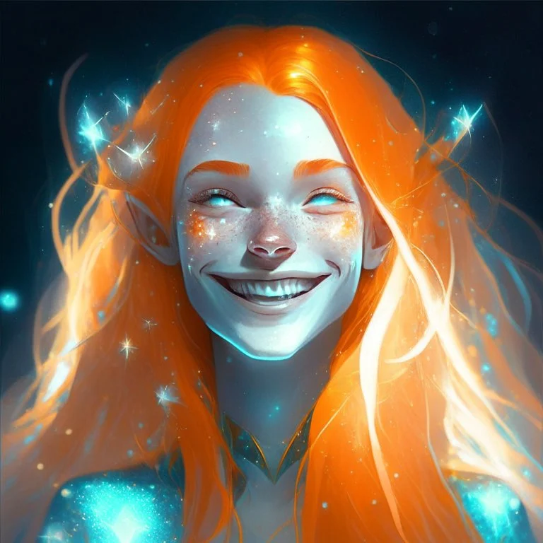 Young Female Pale vampire orange hair smiling pointed ears hologrphic crystal galaxy. Nightmre.