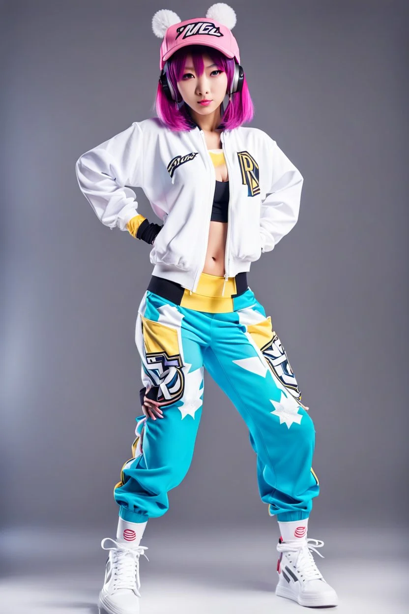 a cute full body shot of anime adult lady wearing hip hop dance clothes standing