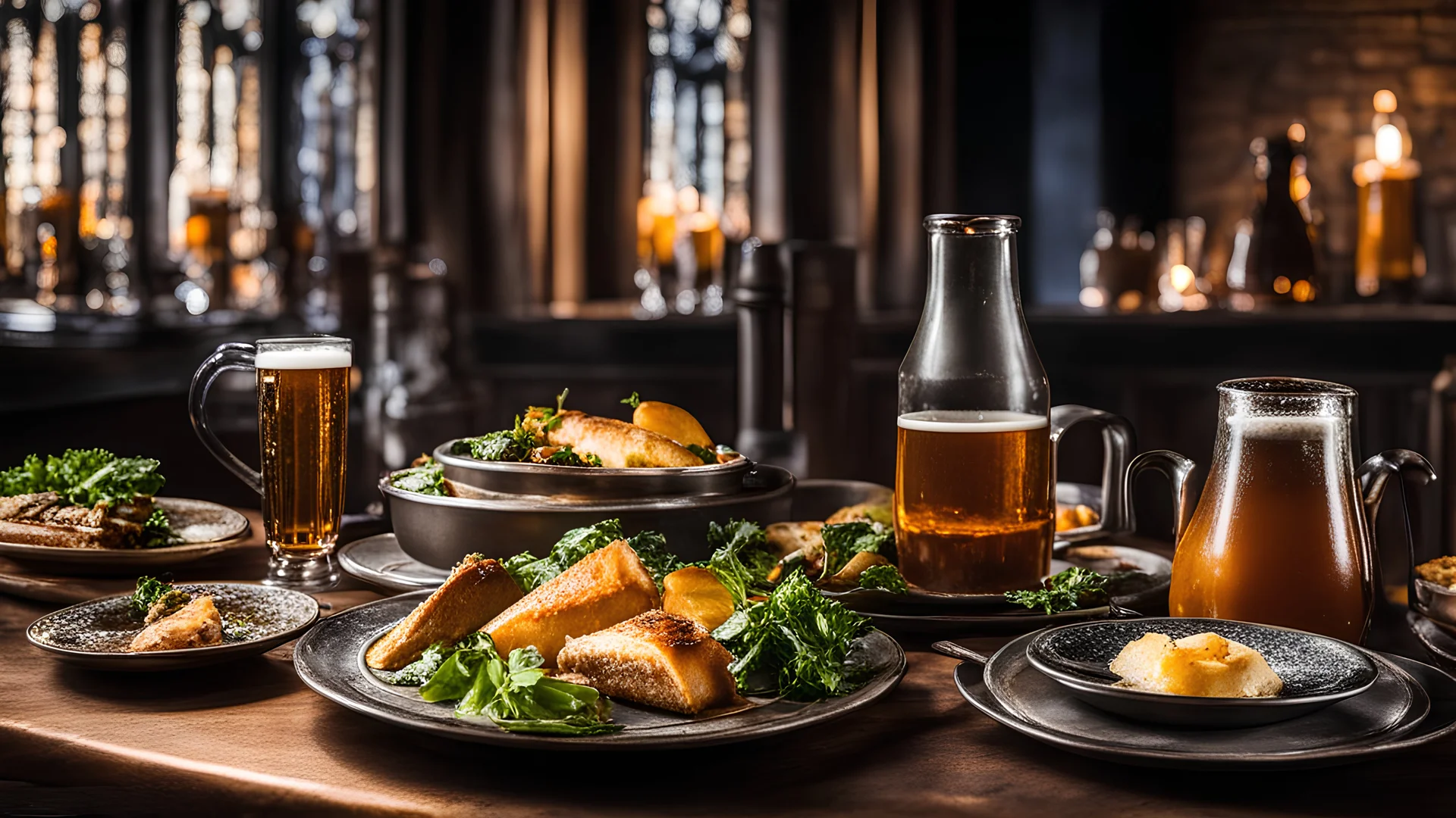 142857, delightful, sensitive, delicious food, banquet, pewter tankards and pewter plates, beer, ale, confident, night, darkness, architecture, filled with delicious food, award-winning photograph, beautiful composition, chiascuro