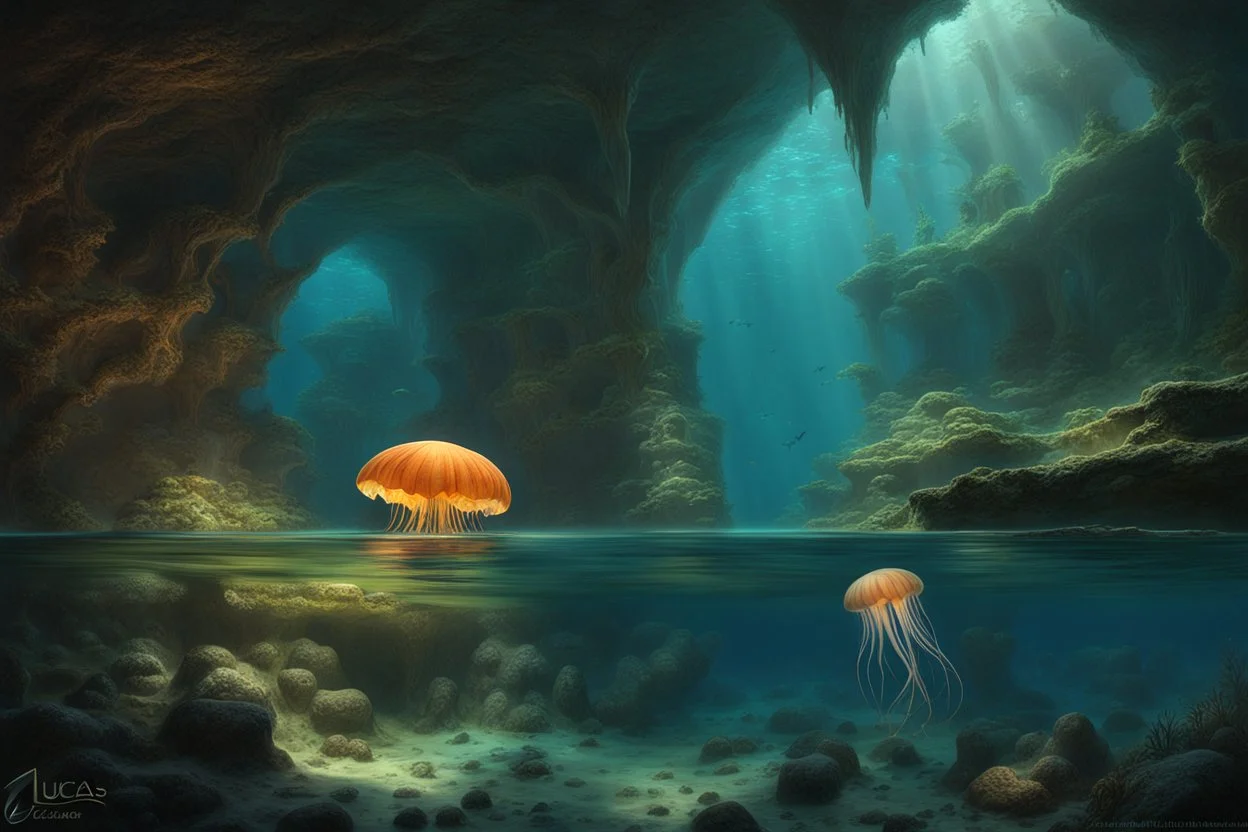 A mysterious underwater cave, rock formation, glowing jellyfish, strange aquatic creatures, art by Lucas Graciano. fantasy concept art, exquisite realism, a masterpiece, dynamic lighting, hyper detailed, intricately detailed, deep color, Unreal Engine, volumetric lighting , Epic cinematic brilliant stunning intricate meticulously detailed dramatic atmospheric maximal,