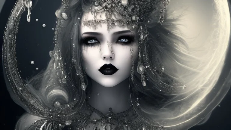 Full body and headshot of a young gothic woman dressed in clothing dripping like liquid, with no hat, with a multiverse background