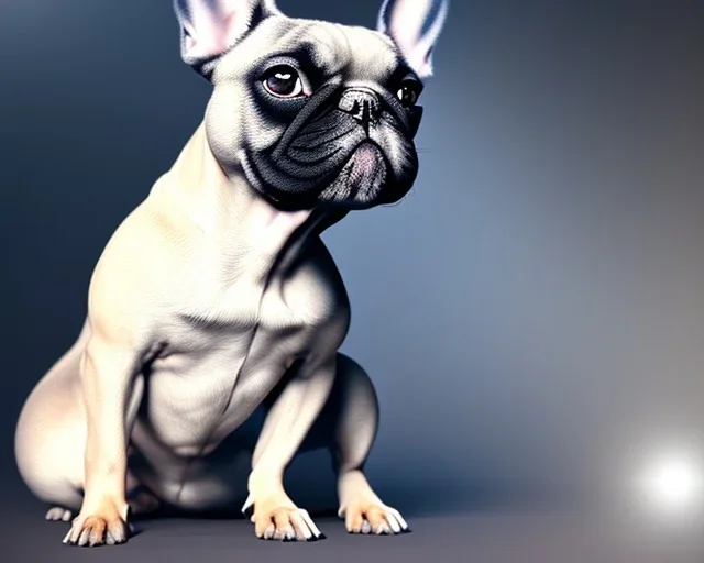 a detailed illustration of a french bulldog, phoenix bird wallpaper, luminescent body, full body, symmetrical body, realistic, glowing muscles, sharp focus, meticulously detailed, soft evening sky, 64k