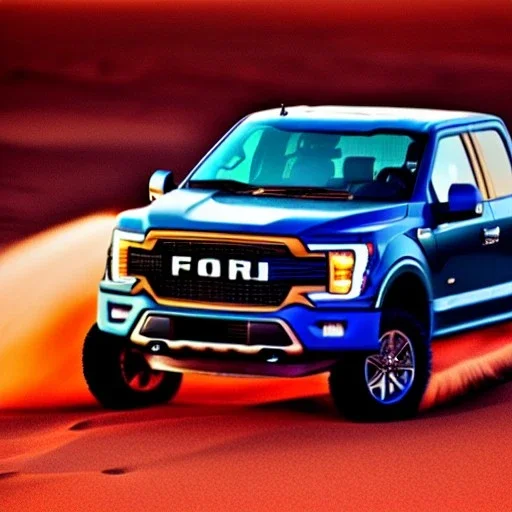 Ford F150 Hydro Blue 2022 Truck on a Red Sand Beach at sunset