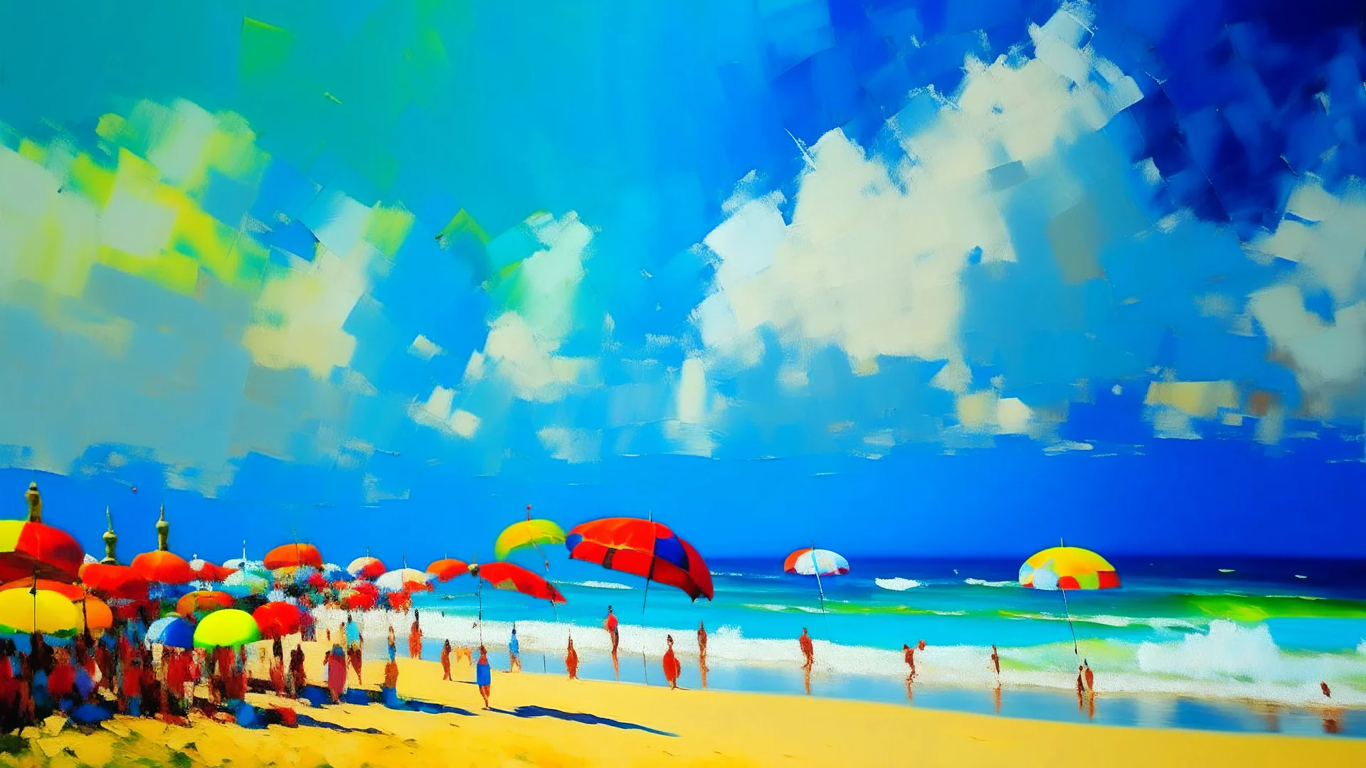 Impressionist painting of a beach with figures under brightly colored umbrellas, under a blue sky and white clouds.