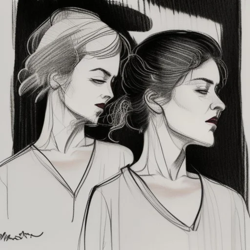 <https://s.mj.run/PrAtlEsO-1M> a drawing of two women's sketched on paper, in the style of quirky expressions, rusticcore, chiaroscuro sketches, yosuke ueno, rough clusters, close up, comical caricatures
