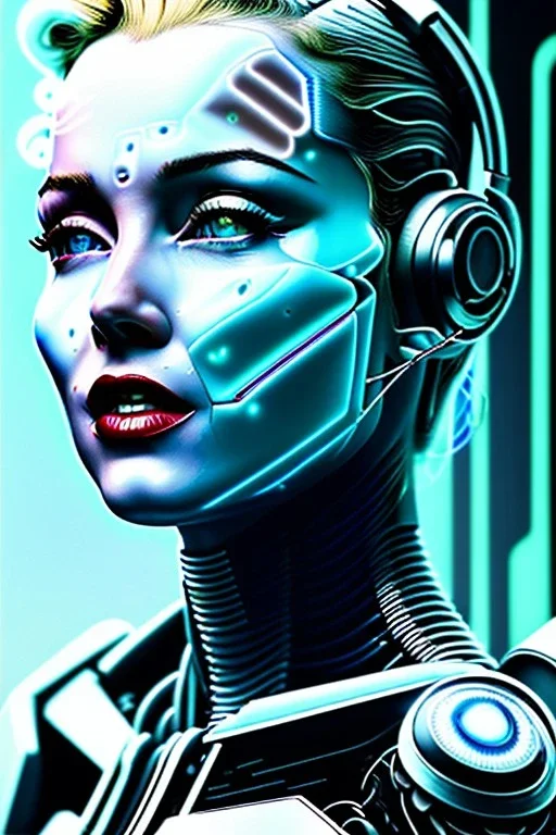 Ultra Realistic image, portrait, blonde woman, Marylin Monroe face, perfect iris, glow eyes, glow makeup. Cyborg, Cyberpunk, ghost in the shell style, oversized tight latex dress. fog, rain, soft color, highly detailed, unreal engine 5, ray tracing, RTX, lumen lighting, ultra detail, volumetric lighting, 3d, finely drawn, high definition, high resolution.