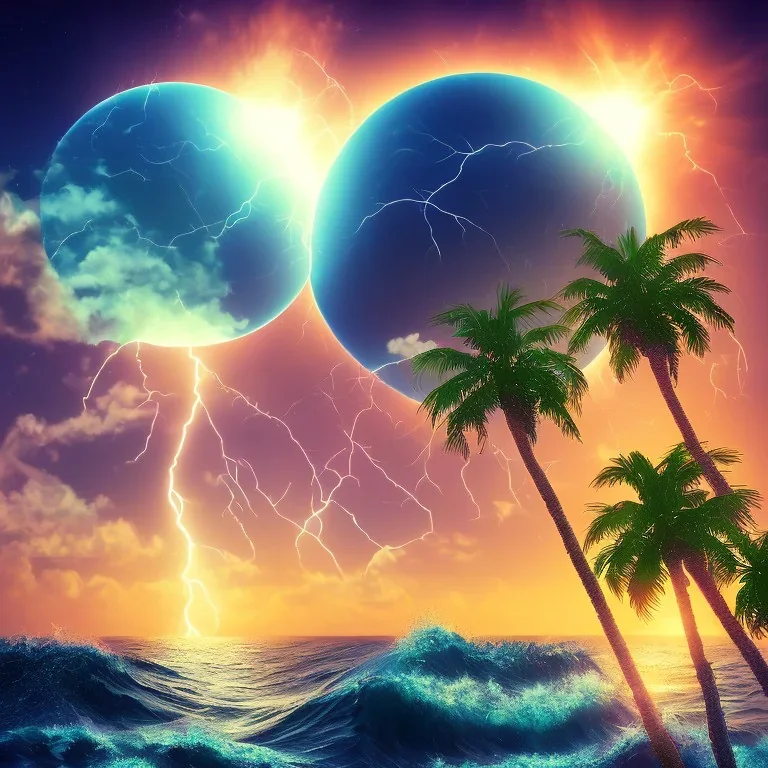 1980's vaporwave aesthetic palm trees with lightning with solar eclipse in the ocean waves sunset