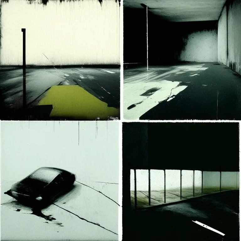 Minimal abstract oil paintings desolate 1960s carpark concrete fragments style of Justin Mortimer and Francis Bacon. road markings.