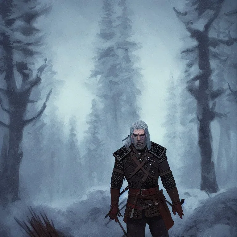 Portrait of a Geralt the Witcher, in a snowy forest by Anato Finnstark