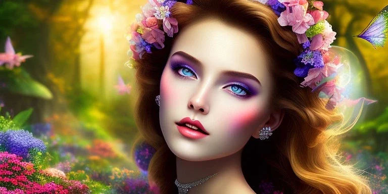 bright fairy, beautiful portrait, flowery landscape