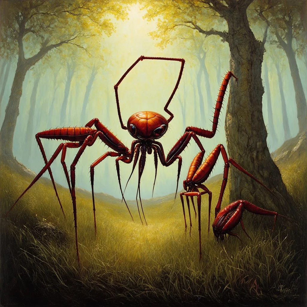 inkpunk, Style by Vladimir Kush and Ray Johnson and Zdzislaw Beksinski and Alexander Jansson, abstract surreal art, a metaphorical representation of ephemeral long legged parasite rivalries, gestalt lunatic grass shine, warm colors, sinister, surreal masterpiece, dynamic diagonal layout composition, juxtaposition of the uncanny and the banal, sharp focus, never-before-seen composition