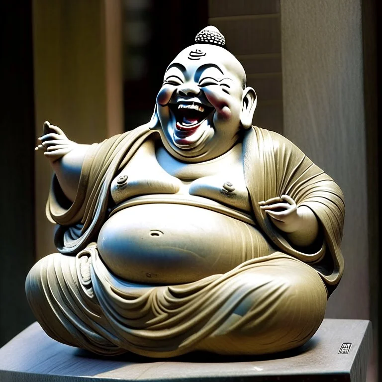 A statue of the laughing Buddha, a smiling face and he is rolling with laughter and sticking out his tongue