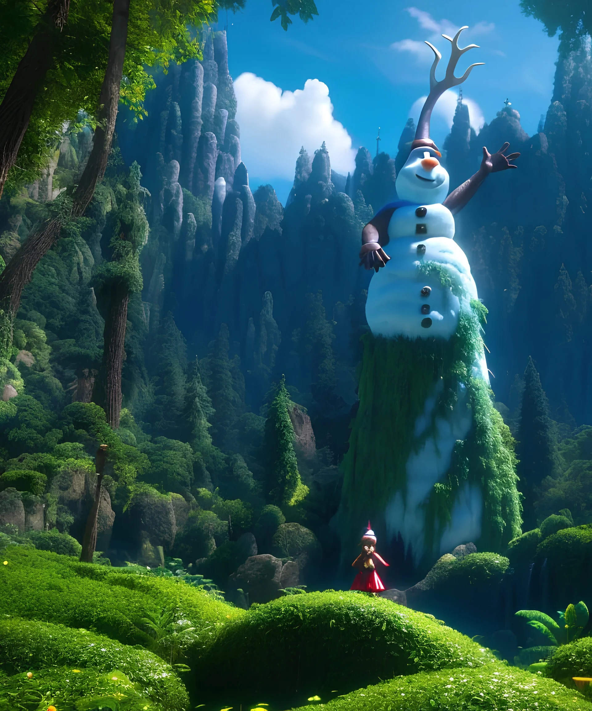 A giant evil snowman in a fantasy forest ,mythical,fantasy , magnificent, majestic, highly intricate, Realistic photography, incredibly detailed, ultra high resolution, 8k, complex 3d render, cinema 4d.