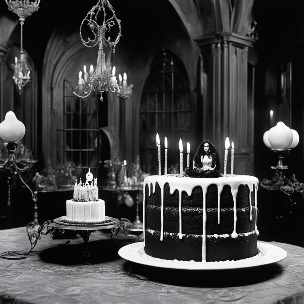 [high res photo by Ray Harryhausen] In the eerie stillness of the Addams Family mansion, a Spooky Birthday Party unfolds. The cake splits open with a sickening sound, revealing a nightmarish sight within. From the depths of the cake, Bo Derek emerges, her movements slow and deliberate, as if emerging from a sinister cocoon. Covered in cream and frosting, Bo Derek navigates her way out of the cake .Her yellow leotard, once a symbol of allure, is now a tattered and stained garment, accentuating th