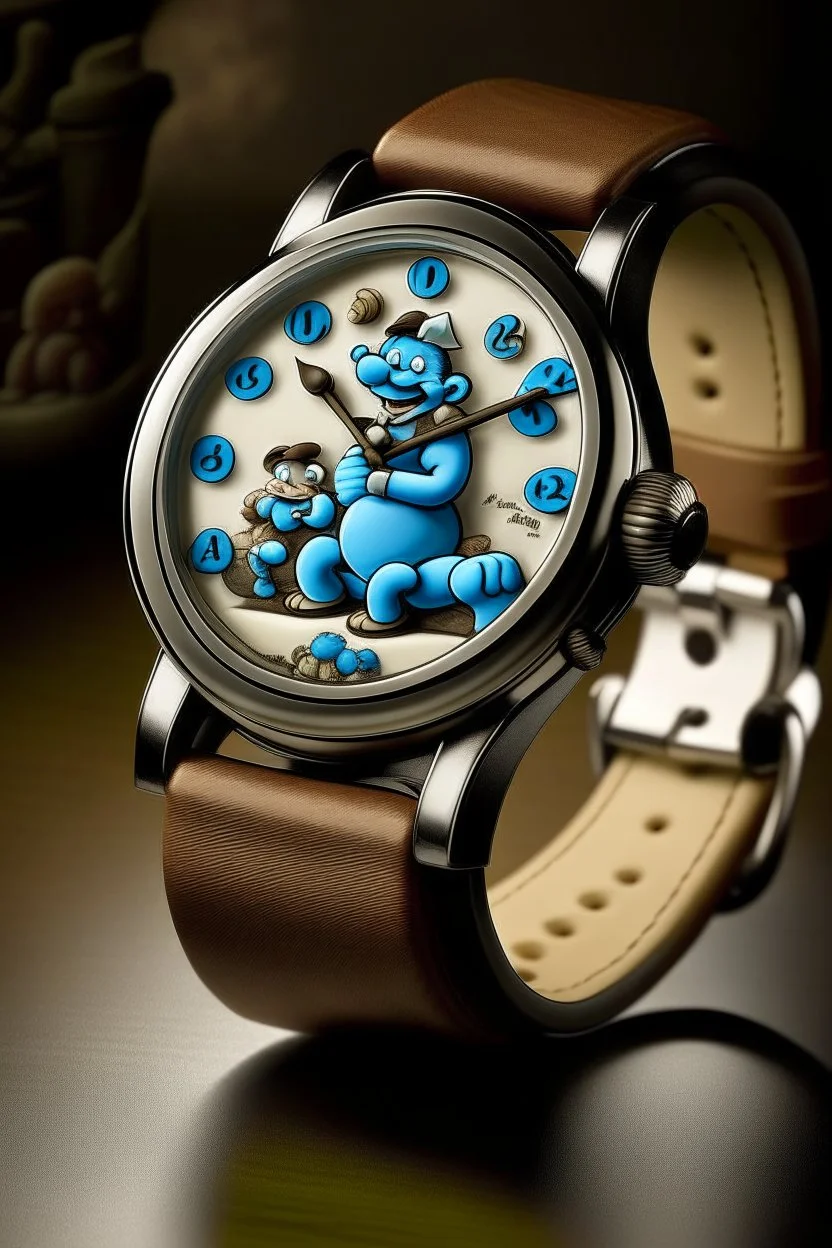 "Illustrate a Smurf Watch that combines the charm of vintage timepieces with Smurf whimsy, featuring an antique bronze case and a nostalgic, sepia-toned backdrop."