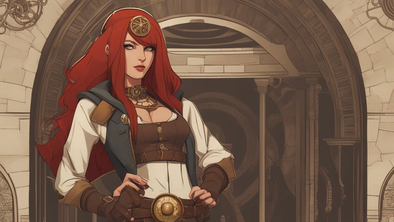 full body and headshot of a skinny Cleopatra, with long straight red hair, dressed as an assassin standing in a steampunk setting.