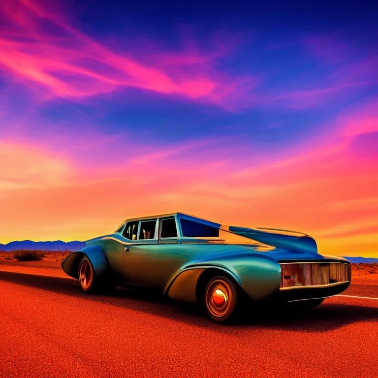 art deco, muscle car, desert road, sunset, full colour, hd,