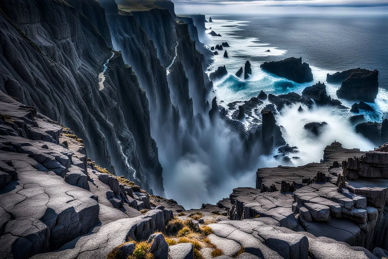 This mesmerizing ocean cliff scene captures the dramatic power and beauty of nature. Towering rugged cliffs stand majestically against the vast expanse of the ocean, where the water pours into a singular bottomless pit. The cliffs, with their sharp and jagged edges, create a stark contrast to the rough, flowing water, making the scene even more captivating. Sunlight pierces through the mist rising from the waterfalls, creating a magical, ethereal atmosphere