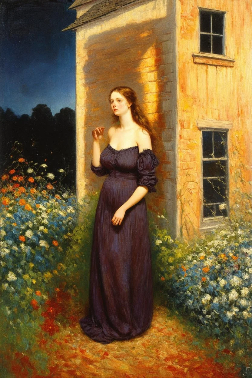 Night, one woman, house, flowers, vegetations, gothic horror films influence, creepy, depressive, gloomy, witch influence, arnold bocklin, and henry fuseli paintings