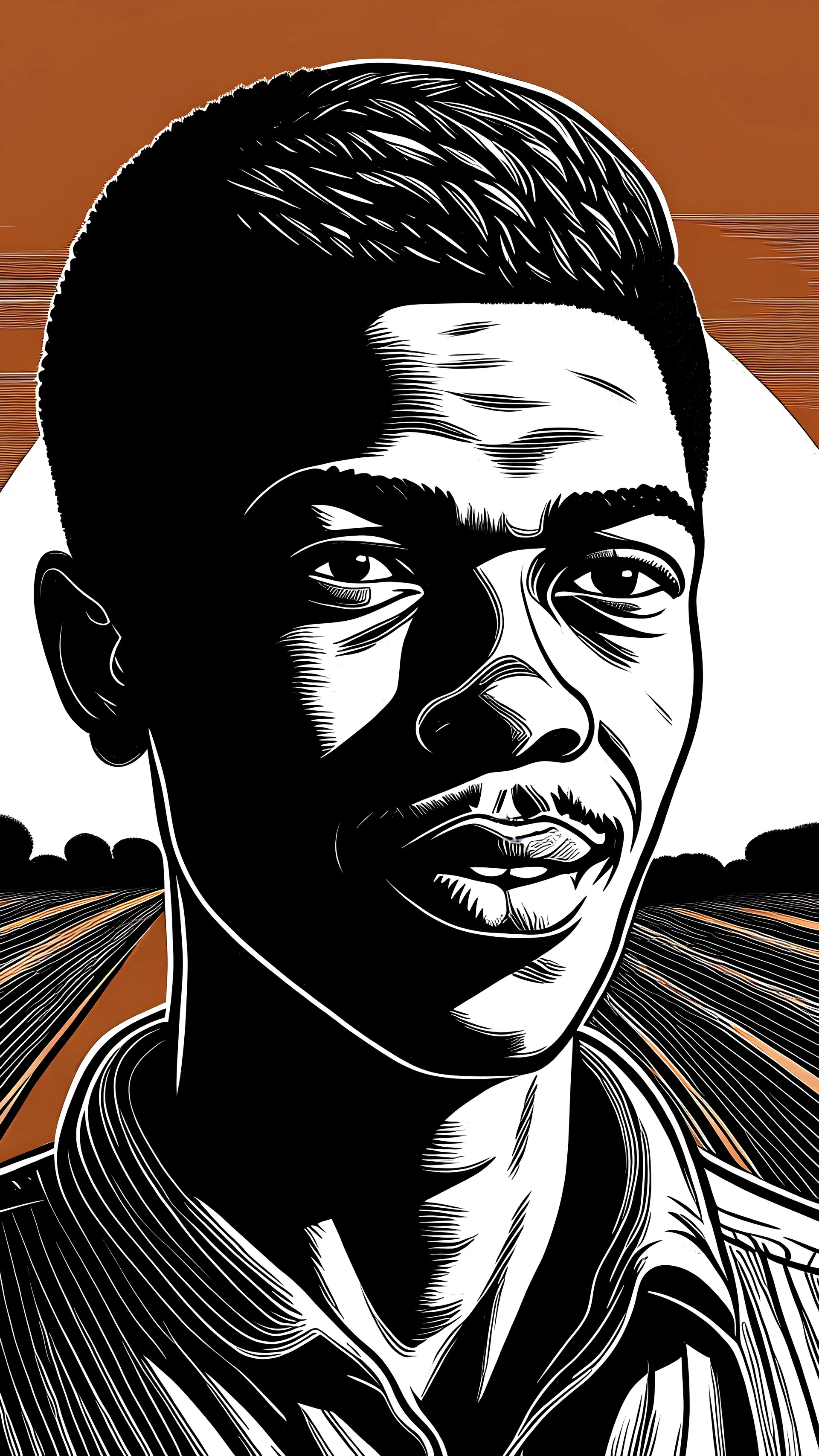 young black man, happy, sunset, running, ground, woodcut, Woodblock printing, xilogravura, Livio Abramo, Sérvulo Esmeraldo, Tarsila do Amaral, ultra sharp 8k uhd smooth sharp focus highly detailed hd trending on artforum illustration digital, head and shoulders, black and white