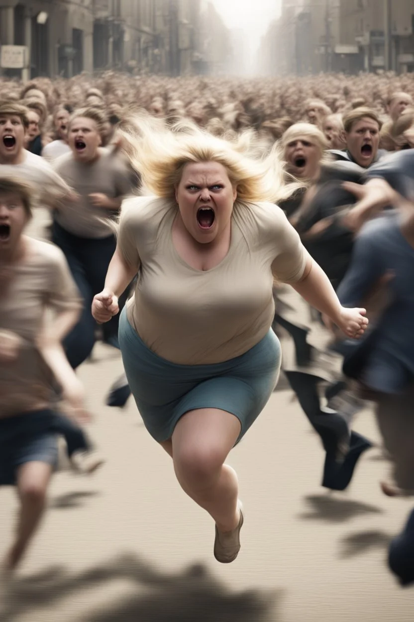 an obese terrified blonde woman desperately running away from an angry mob of hundreds chasing behind her