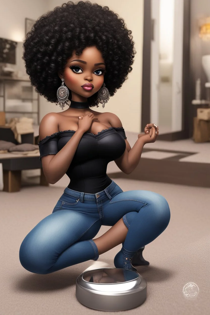 Create a furturism magna art of a black chibi curvy female sitting on the floor looking at herself in a hand mirror. She is wearing tight blue jeans and a black off the shoulder blouse. Prominent make up with lush lashes. Highly detailed tight curly afro. She is also wearing silver large hoop earringsart of a black chibi curvy female sitting on the floor looking at her cell phone. She is wearing tight blue jeans and a black off the shoulder blouse. Prominent make up with lush lashes.