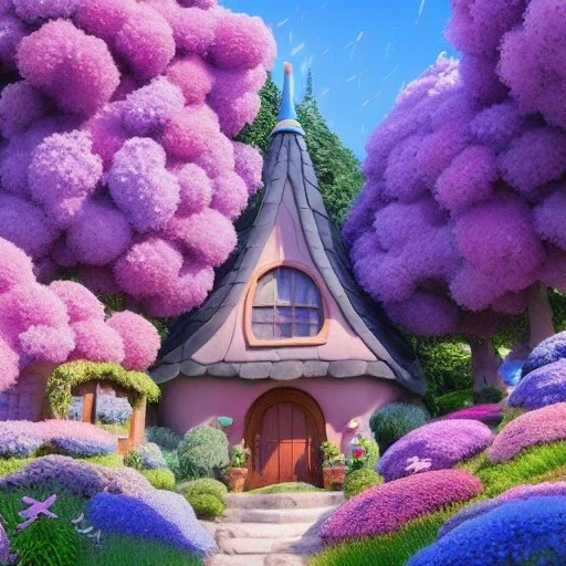 Pixar studio ghibli gnome mushroom cottage blue roof with blue flowers door, hydrangeas around house hills fantasy land beautiful flower landscape alien world pink puffy trees, stylized painting, 3d 4k octane render.