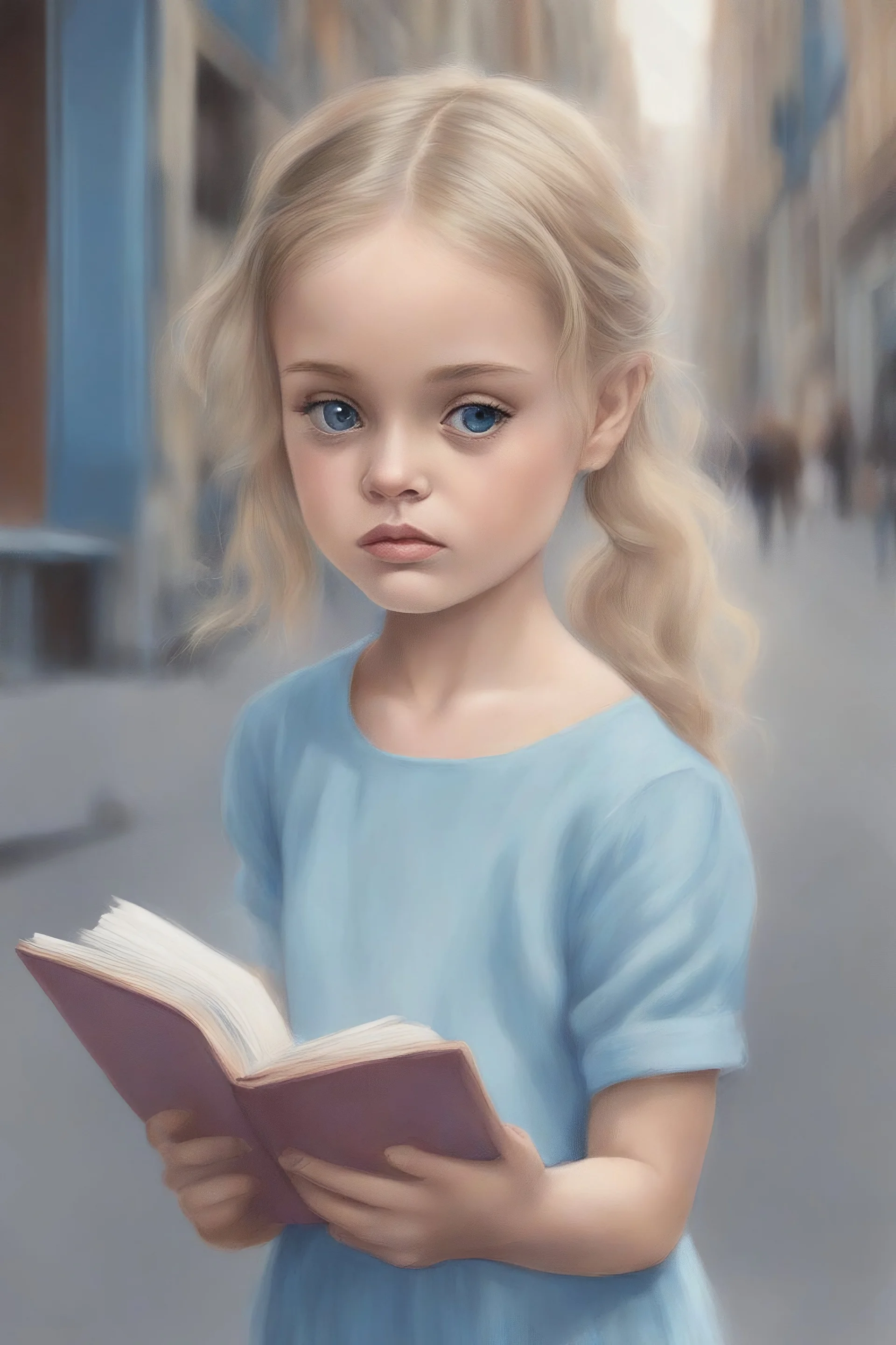 Illustration of lily-rose depp a toddler,, pony tail, reading in the street , , big blue eyes, style of Marcel Marlier, pastel colors