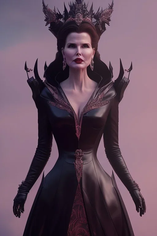 Geena Davis as evil queen in black leather gown, evil, busty, cleavage, curvy, angry, stern look. character design by cory loftis, fenghua zhong, ryohei hase, ismail inceoglu and ruan jia. unreal engine 5, artistic lighting, highly detailed, photorealistic, fantasy