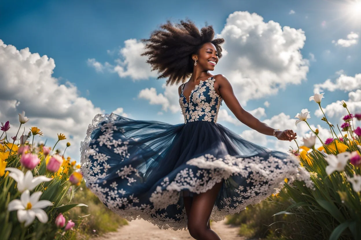 The camera zooms in, focusing sharply on beautiful black girl Lily wearing pretty dress as she dances gracefully in the same romantic environment with flowers and sky with nice clouds. Her joy and youth are presented against the backdrop of the surreal surroundings.