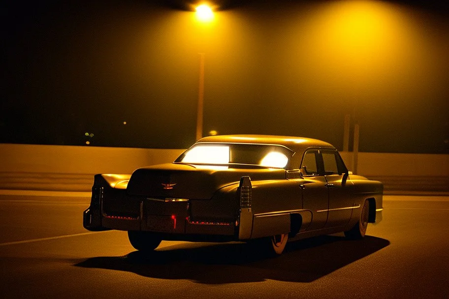 Coche Cadilac americano en mitad de la noche tan sólo iluminado por una farola y los potentes focos del coche, imagen al estilo del fotógrafo Hugo Alonso