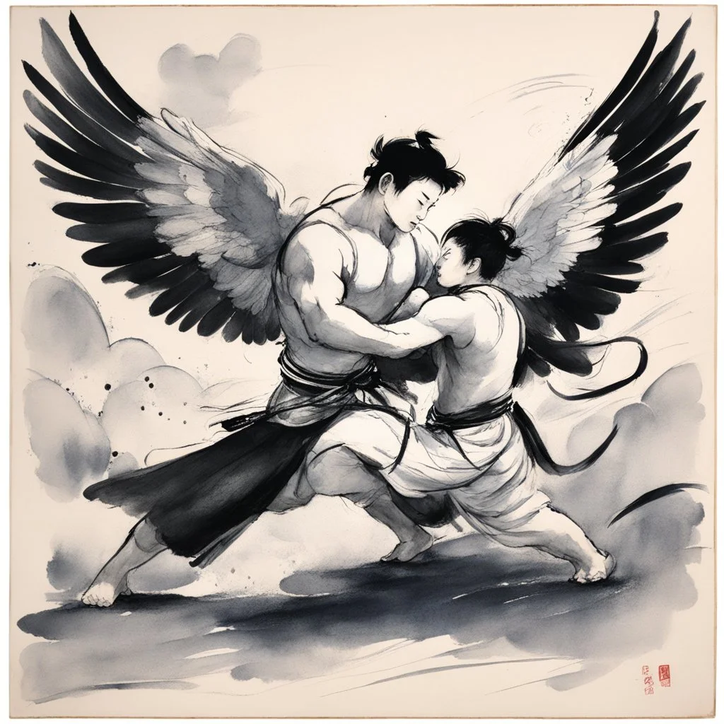 [traditional Chinese brush, expressive line, ink washes] Jacob wrestling with angel