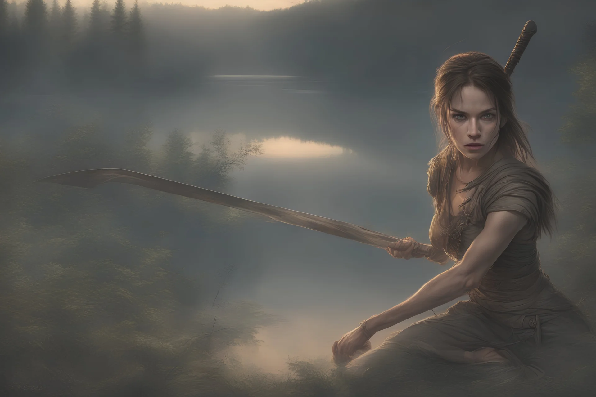 Warrior girl with black tears running down her cheeks, crouching down low at edge of thick forest looking at lake, at sunrise, observing, frightened, determined, with short sword, photo real