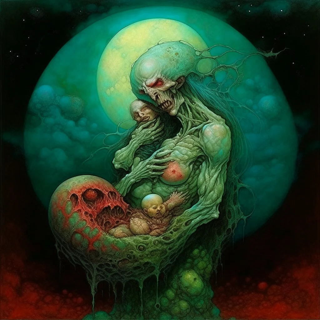 Visual Necromancy, zombie Madonna cradling an anthropomorphic worm baby on the moon, surrealist color oil painting, by Zdzislaw Beksinski, putrescence essence