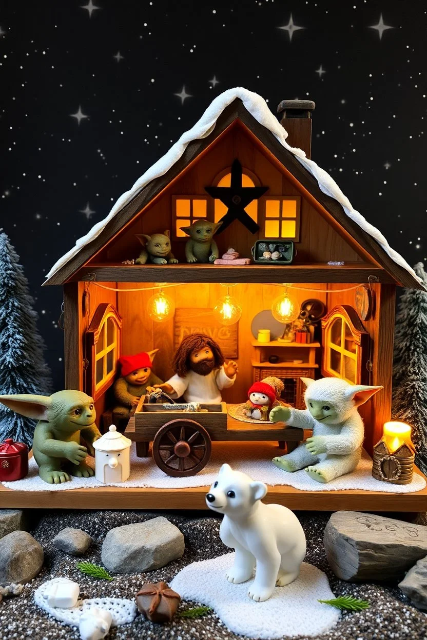 doll house with doll camping wagon and lotsa gremlins and starry background and an ice bear jesus