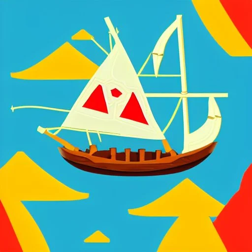 Legend Of Zelda: Wind Waker style Small wooden ship, with bright sails, on a vast ocean, stylized, celshaded, colorful, adventurous, frontal view, full view.